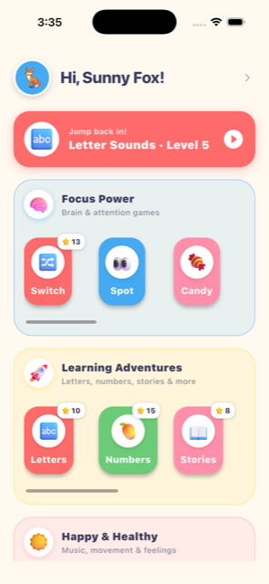 NoodleTon home screen showing Focus Power, Learning Adventures, and Happy & Healthy game hubs